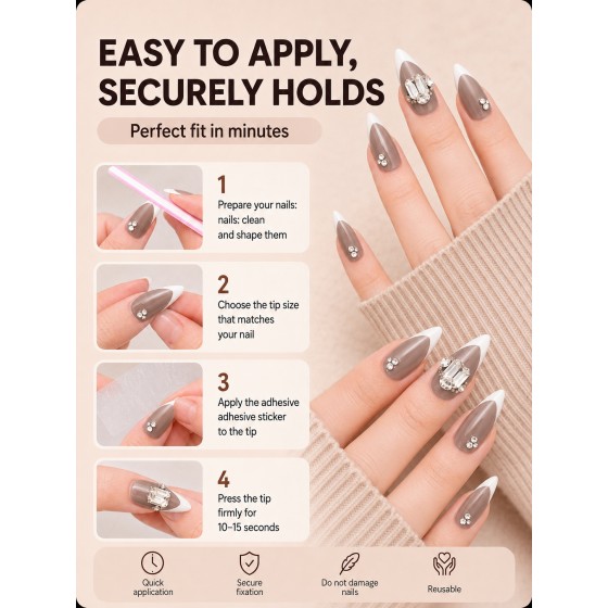 Grey‑Nude French Tip Rhinestone Press‑On Nails, Elegant Long Almond False Nails